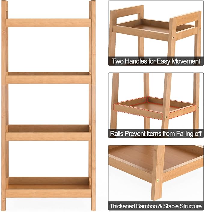 Bamboo Bookshelf, 4 Tier Ladder Shelf, Freestanding Storage Shelf Rack for Bathroom, Kitchen, Living Room