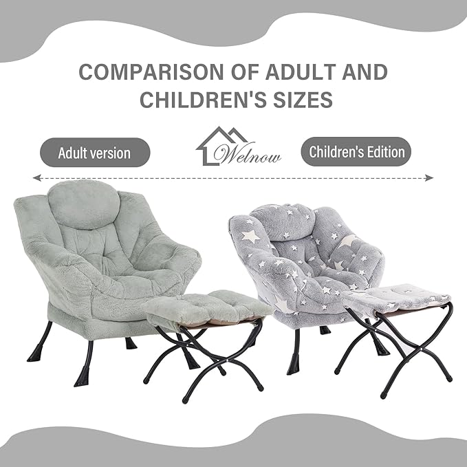 Welnow Toddler Kids Lazy Chair with Ottoman, Glow in The Dark Accent Comfy Lounge Children Armchair Couch with Removable Cover, Detachable Reading Chair with Footrest for Boy or Girl, Grey Star
