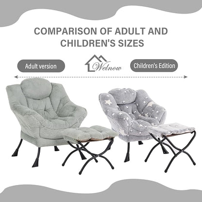 Welnow Toddler Kids Lazy Chair with Ottoman, Glow in The Dark Accent Comfy Lounge Children Armchair Couch with Removable Cover, Detachable Reading Chair with Footrest for Boy or Girl, Grey Star
