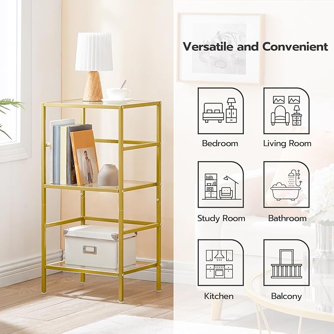 HOOBRO 3-Tier Bookcase, Tempered Glass Bookshelves, Record Storage Rack with Side Fence, Storage Shelves for Bathroom, Slim Shelving Unit for for Living Room, Home Office, Gold GD81CJ01