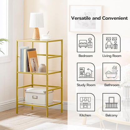 HOOBRO 3-Tier Bookcase, Tempered Glass Bookshelves, Record Storage Rack with Side Fence, Storage Shelves for Bathroom, Slim Shelving Unit for for Living Room, Home Office, Gold GD81CJ01
