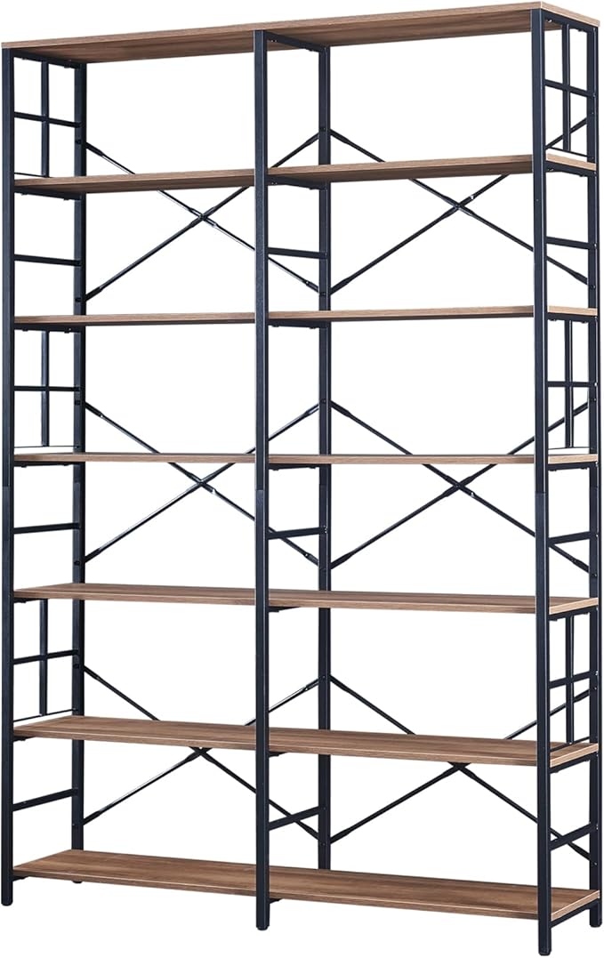 HOMISSUE Tall Bookshelf, 84" Bookshelves and Bookcases Double Wide 7-Tier Bookshelf, Tall Bookcase Wood Style and Metal Open Display Shelves for Living Room Home Office, Rustic Brown