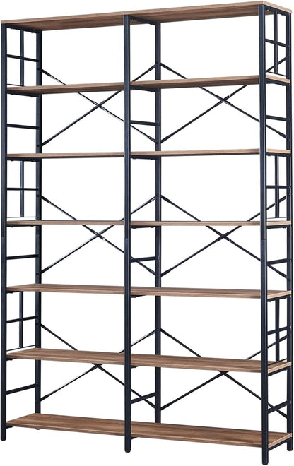 HOMISSUE Tall Bookshelf, 84" Bookshelves and Bookcases Double Wide 7-Tier Bookshelf, Tall Bookcase Wood Style and Metal Open Display Shelves for Living Room Home Office, Rustic Brown