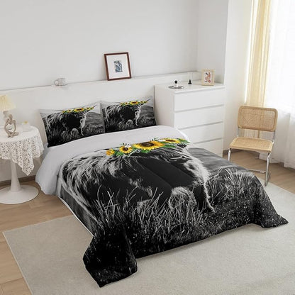 Highland Cow Comforter Set Queen Size for Adult Women Sunflower Cow Print Down Comforter Farmhouse Wild Animal Cows with Gray Fur Quilted Duvet Decor 3 Pcs Bedding ,1 Duvet Cover + 2 Pillowcases