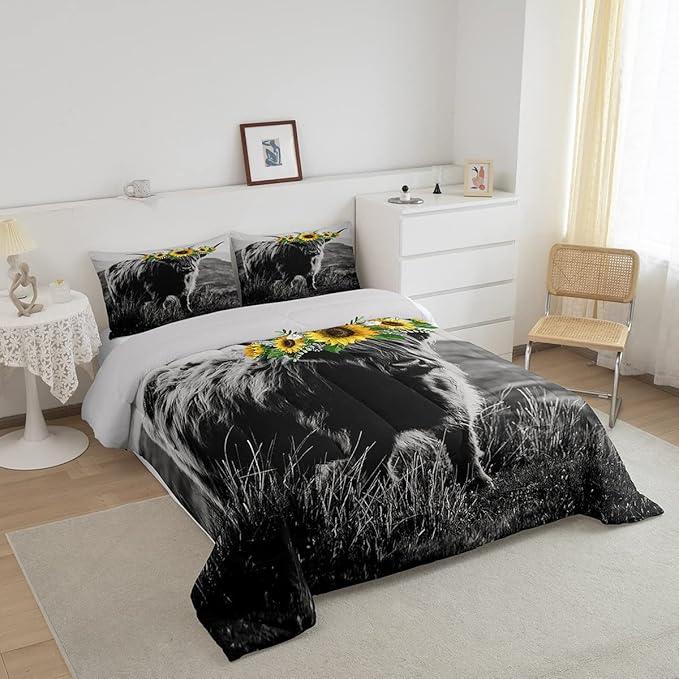Highland Cow Comforter Set King Size for Adult Women Sunflower Cow Print Bedding Farmhouse Decor Wild Animal Cows with Gray Fur Quilted Duvet Decor 3 Pcs Bedding ,1 Duvet Cover + 2 Pillowcases