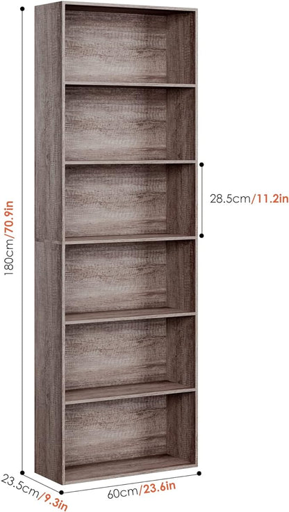 FOTOSOK 6-Tier Open Bookcase and Bookshelf, Freestanding Display Storage Shelves Tall Bookcase for Bedroom, Living Room and Office, Oak