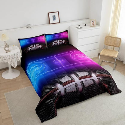 Erosebridal Sports Basketball Comforter Set for Boys Girls Neon Basketball Court Bedding Set King,Kids Ball Competitive Games Comforter Soft Lightweight Quilt Duvet Set 2 Pillow Cases Bedroom Decor
