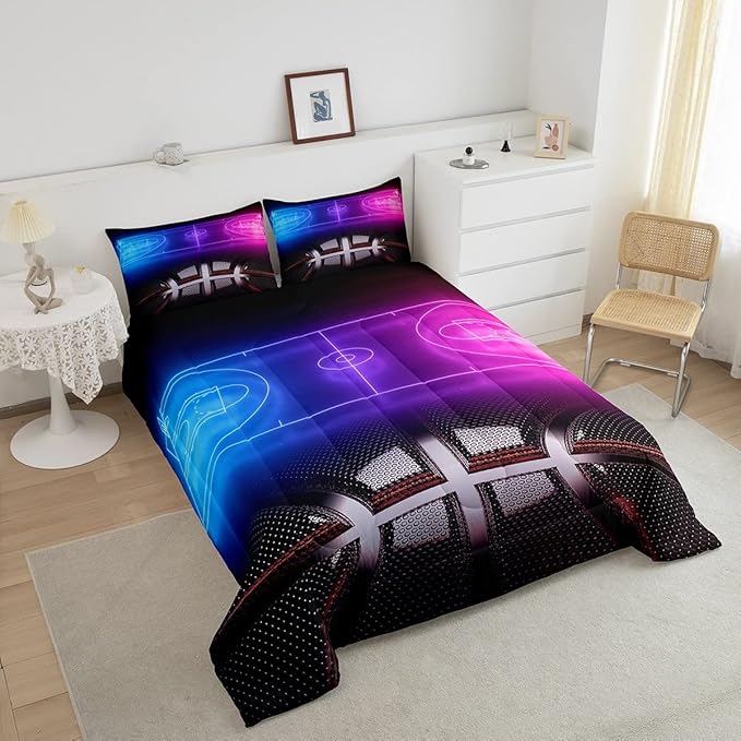 Erosebridal Sports Basketball Comforter Set for Boys Girls Neon Basketball Court Bedding Set Full,Kids Ball Competitive Games Comforter Soft Lightweight Quilt Duvet Set 2 Pillow Cases Bedroom Decor