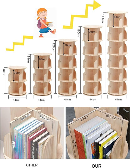 Rotating Bookshelf 360 Degrees, 4 Tier Stackable Solid Wood Bookshelf Organizer, Storage Display Rack Floor Standing Bookcase for Kids&Adults (51"x18"x18")…
