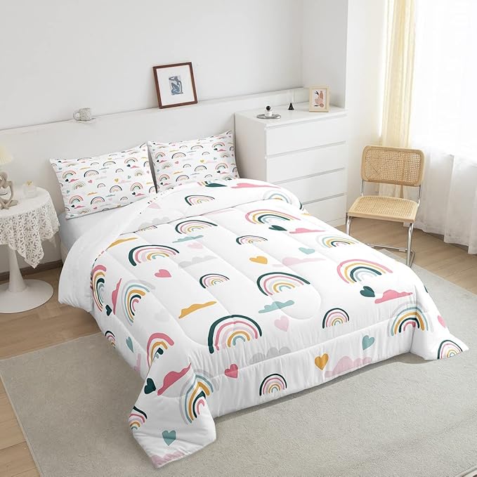 Erosebridal Kids Rainbow Bedding Set, Girly Love Heart Comforter Set Full Size Cartoon Rainbow Cloud Duvet Sets for Girls Boys Women Bedroom Decor, Soft Microfiber Down Comforter 3 Pieces,Colorful