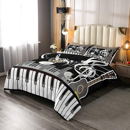 Erosebridal Paino Keys Bedding Set King Size Musical Notes Comforter Set Guitar Rock Music Bedding Comforter for Kids Boys Teens Men Retro Black White Grey Down Comforter Bedroom Decor 3 Piece
