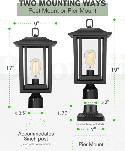 Beionxii 19Inch Dusk to Dawn Outdoor Post Lights,Lamp Post Light Fixture | Waterproof with Pier Mount Base,Anti-Rust Aluminum Lamp Posts Outdoor Lighting for Garden,Patio,Hardwired 120V,A197P-2PK/BS-N