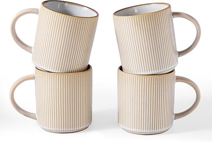 famiware Coffee Mug Set for 4, Star 16 oz Catering Mugs Cup Set with Handle for Coffee, Tea, Cocoa, Milk - Ceramic Stoneware Drinkware Set, Cappuccino White