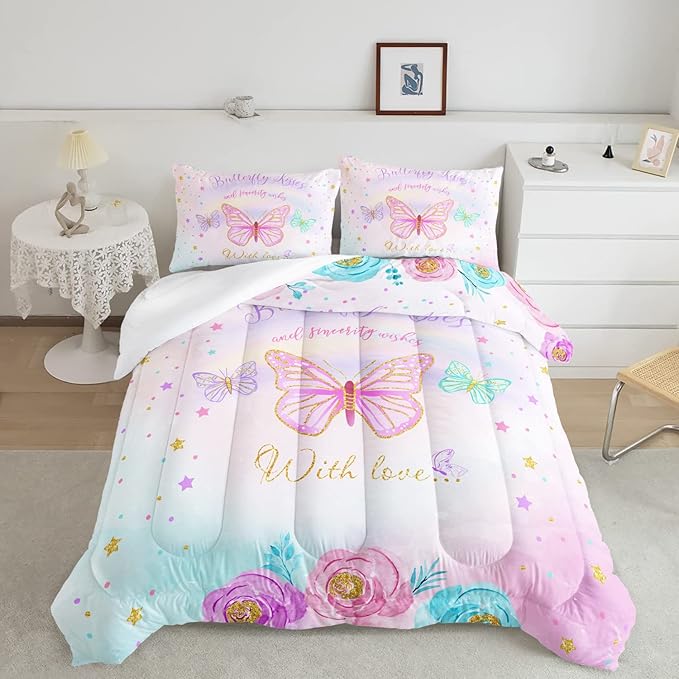 CVHOUSE Butterfly Bedding Set,Butterfly Comforter Full,Butterfly Comforter Set for Girls Kids Teens,Butterflies Quilt Set with 1 Comforter and 2 Pillow Cases- 3 Piece