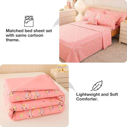 Mooreeke Full Size Comforter Sets for Girls Kids, 8 Pieces Bed in a Bag Pink Rainbow Flowers Bedding Comforter Sheet Set with Shams and Decorative Toy Pillow, Ultral Soft Microfiber Kids Bed Set