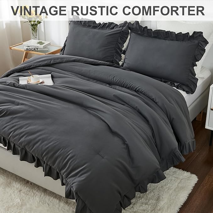 Andency Dark Gray King Comforter Set(104x90Inch), 3 Pieces(1 Ruffle Comforter and 2 Pillowcases) Lightweight and Fluffy Bedding Comforter Set, All Season Soft Microfiber Shabby Chic Bedding Set