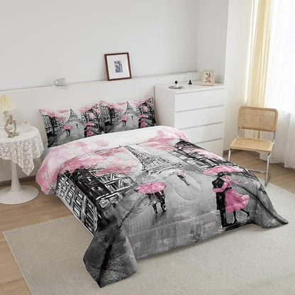 Paris Bedding Set Full Size Pink and Grey Eiffel Tower Comforter Set for Teens Girls Bedroom Decor Watercolor Cherry Blossoms Comforter Couple Retro Gray Building Quilt Comforter 2 Pillow Cases