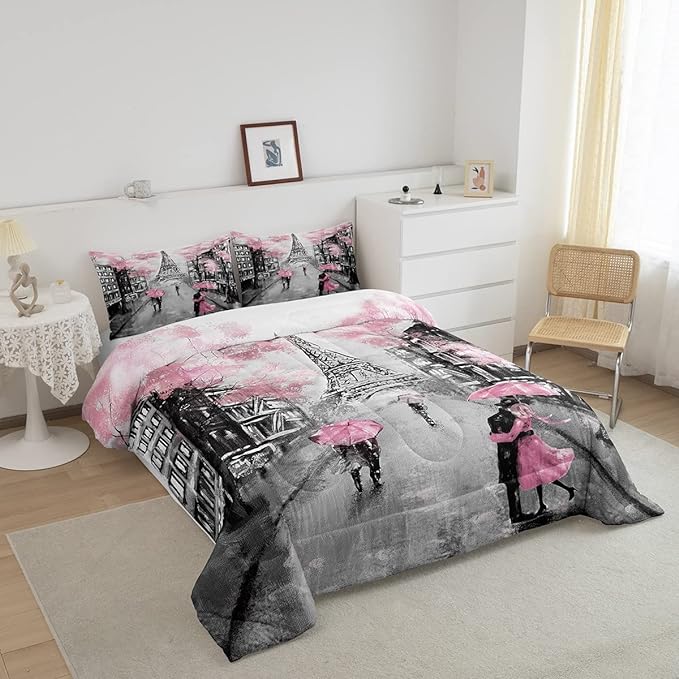 Pink Paris Bedroom Comforter Set Queen,Pink Grey Eiffel Tower Bedding Set For Teens Girls Paris Themed Room Decor,Watercolor Cherry Blossoms Couple Women Retro Dark Gray Quilt Comforter 2 Pillow Cases