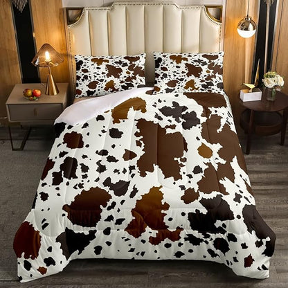 Cow Print Comforter Set King Size Cowhide Bedding Set for Boys Girls Man Women Bedroom Decor Brown Bull Cattle Skin Down Comforter Wildlife Fur Hair Farmhouse Animal Skin Duvet Set