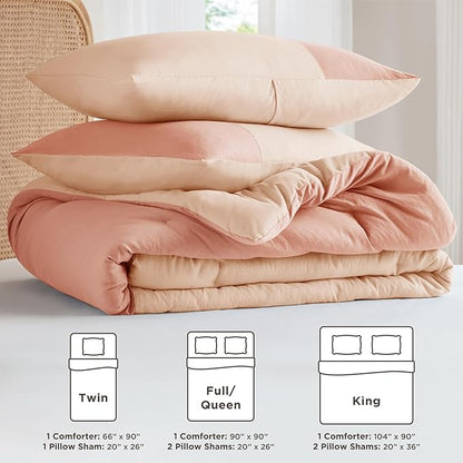 Pink King Size Comforter Set - Modern Farmhouse Soft Comforter Sets for Women, Colorblock Pattern Bed Sets for All Season, 3 Pieces includes 1 Comforter, 2 Shams (104"x 90")