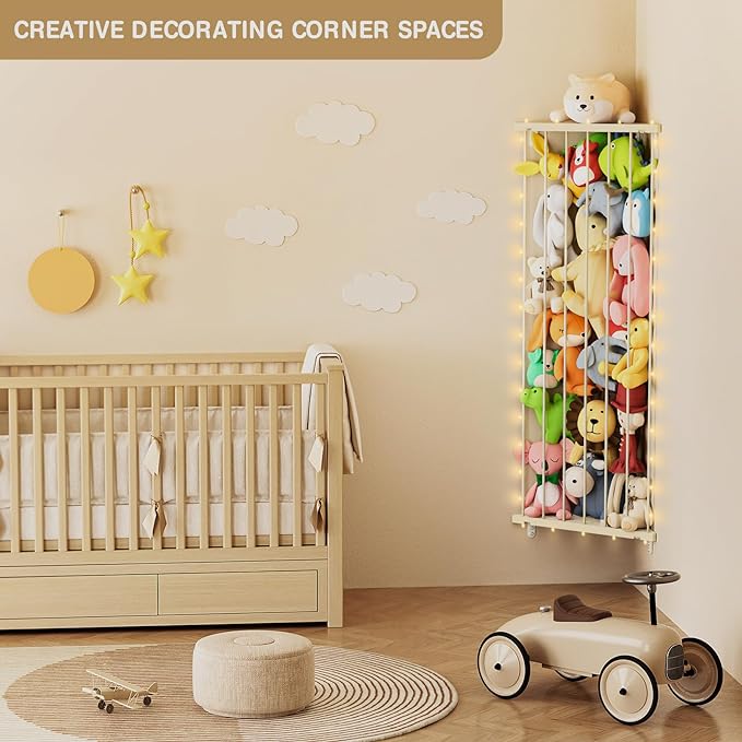 Stuffed Animal Storage Toy Organizer: Corner Stuff Animals Holder for Wall with LED Light - Kids Plush Toys Storage with Adjustable Length for Nursery Playroom Bedroom Kids Room(Beige)