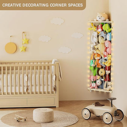 Stuffed Animal Storage Toy Organizer: Corner Stuff Animals Holder for Wall with LED Light - Kids Plush Toys Storage with Adjustable Length for Nursery Playroom Bedroom Kids Room(Beige)