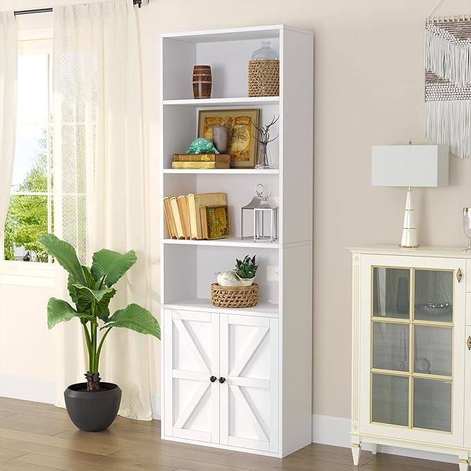 oneinmil 6 Tier Bookshelf and Bookcase, Wooden Bookshelves with Cabinet Doors, Floor Bookshelves and Office Storage Cabinets for Home Office, Living Room,White