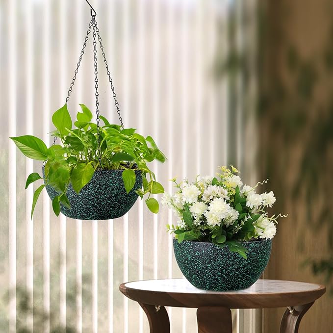 8 inch Small Hanging Planters for Indoor Outdoor Plants, 2 Pack Hanging Flower Pots with Drainage Holes and Chain, Plastic Hanging Baskets for House Plants, Black with Green Speckles