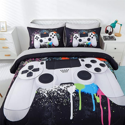 KAKKI 5 Piece Boys Queen Gamer Comforter Set with Sheets, 3D Colorful Video Game Controller Comforter for Kids Teen, All Season Soft Microfiber Gaming Bedding Set(White,Queen)