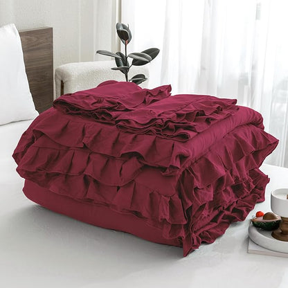 Andency Burgundy Twin Size Comforter Set for Kids Girls, 2 Pieces Solid Shabby Chic Ruffle Bedding Comforters & Sets, Soft Cozy Lightweight Down Alternative Twin Bed Set for All Season