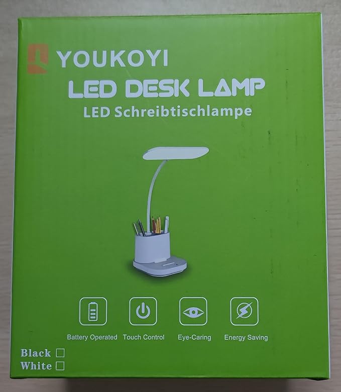 YOUKOYI LED Desk Lamps for Home Office, Rechargeable Battery Operated Desk Lamp with Touch Control, Stepless Dimming, 3 Color Modes, Pen Holder and Night Light- Gooseneck Desk light for Study, Reading