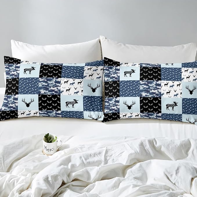 Cute Deer Comforter Set Full, Military Camo Bedding Set for Kids Boys Teens Bedroom Tribal Animal Antlers Silhouette Quilted Comforter Checkered Plaid Arrows Bedding Comforters, Army Blue and White