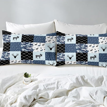 Cute Deer Comforter Set Full, Military Camo Bedding Set for Kids Boys Teens Bedroom Tribal Animal Antlers Silhouette Quilted Comforter Checkered Plaid Arrows Bedding Comforters, Army Blue and White