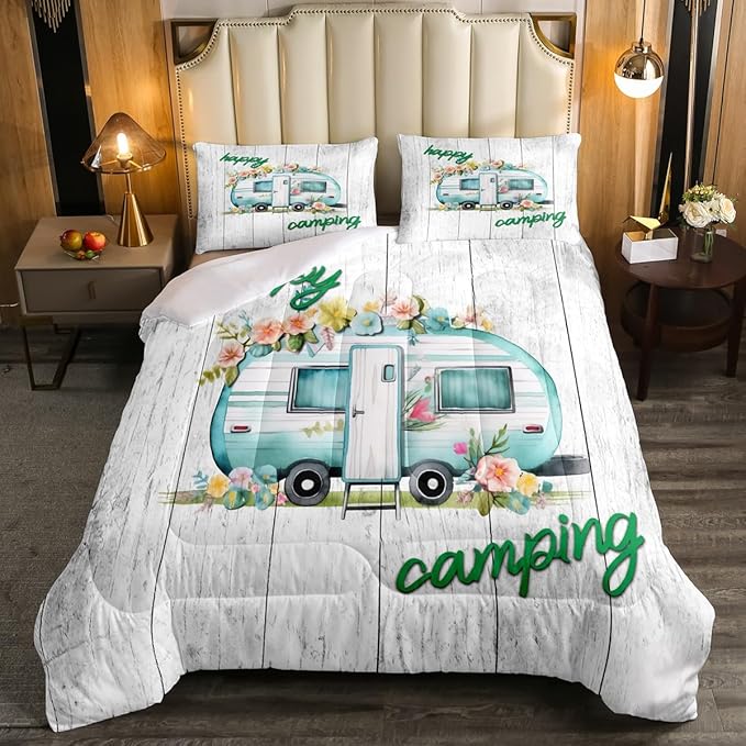 Girls Camper Comforter Set Camping Car Floral Down Comforter Twin Size Rustic Farmhouse Theme Bedding Set Camping Decor Retro Chic Flower Quilted Duvet Old Barn Door Vintage Wooden Style Duvet Set