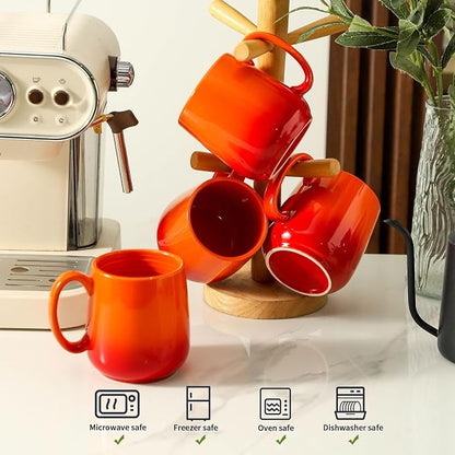 HASENSE Set of 4 Ombre Coffee Mugs, 15oz Large Ceramic Cups – Dishwasher & Microwave Safe, Orange Gradient Cappuccino Latte Tea Handle Cup, Housewarming Gift