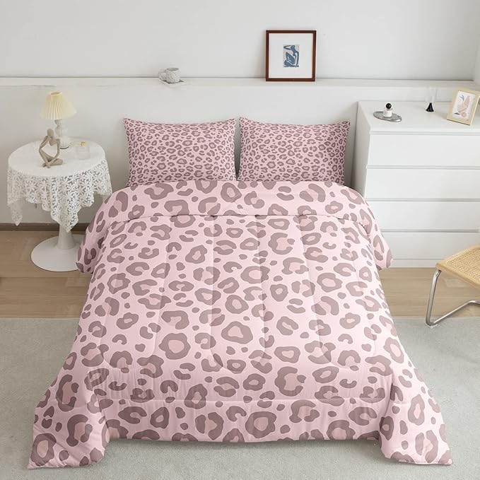 Feelyou Pink Leopard Skin Comforter Leopard Print Comforter Set for Kids Boys Girls Africa Cheetah Printed Bedding Set Soft Decor Safari Animal Fur Duvet Set King Size Quilt Boys