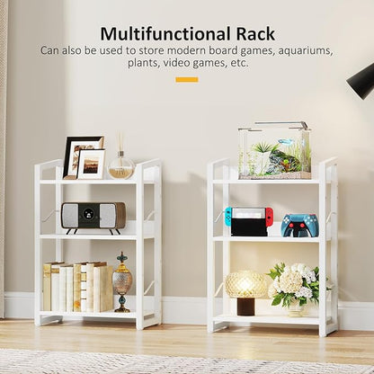 Book Shelf Small Bookshelf - 3-Tier Wood Bookcase Industrial Bookshelf Metal Narrow Bookshelves Storage Organizer Display Rack for Bedroom Living Room Home Office (White)