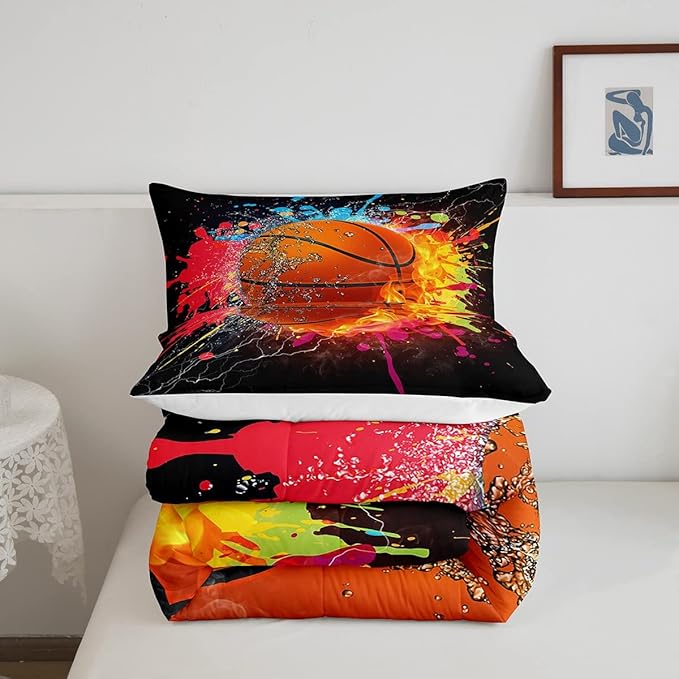 Teen Boys Basketball Bedding Set Kids Sports Comforter Sets King Soft Lightweight Bedroom Dorm Decor,Red Blue Fire And Water Lightning Ball Duvet Insert,Colorful Grunge Tie Dye Quilt Bedding 3 Pcs
