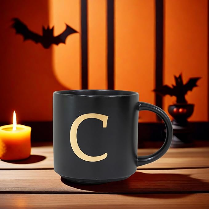 COLLECTIVE HOME - Monogram Ceramic Mugs, 15 oz Golden Initial Black Coffee Cups, Elegant Alphabet Tea Mugs, Elegant Personalized Mug with Gift Box, Unique Mug with Double Side Capital Lette (C)