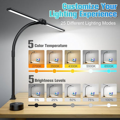 LED Desk Lamp with Clamp, Wireless Remote Control Dimming Stepless Architect Desk Lamps for Home Office, 25 Lighting Modes Adjustable LED Table Lamp, Study Eye-Caring Dual Head Gooseneck Lamp for Desk