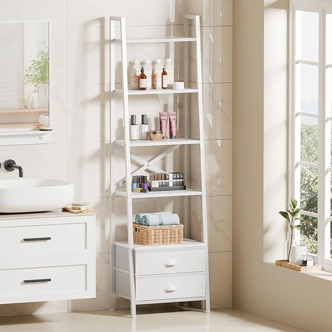 Furologee 5-Tier Ladder Shelf with 2 Drawers,Narrow Bookshelf Storage Shelves,Industrial Bookcase Freestanding Shelf Units for Bedroom,Living Room,Bathroom,Home Office,Balcony,Wood Metal, White