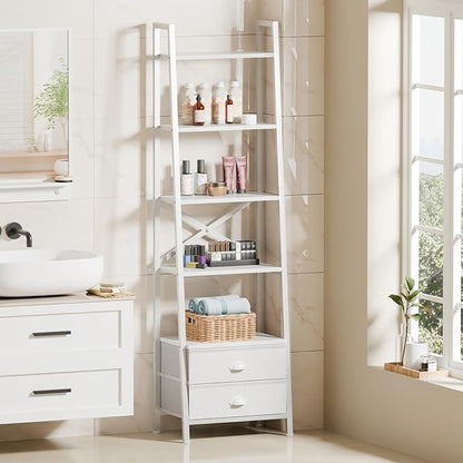 Furologee 5-Tier Ladder Shelf with 2 Drawers,Narrow Bookshelf Storage Shelves,Industrial Bookcase Freestanding Shelf Units for Bedroom,Living Room,Bathroom,Home Office,Balcony,Wood Metal, White