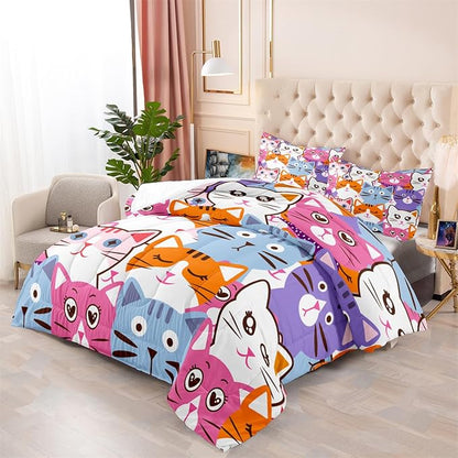 Cat Comforter Set Queen Size - 3Pcs Colorful Cat Bedding Set for Boys Girls Teens Cute Animals Themed Bedding Set Warm Ultra Soft Cartoon Cat Quilt Cover with 2 Pillowcases for Kids Room Decor