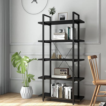 Panana 5 Tier Industrial Rustic Wooden Bookshelves, Vintage Open Wood and Metal Farmhouse Bookshelf Heavy Duty Storage Shelving Unit Rack (Black)