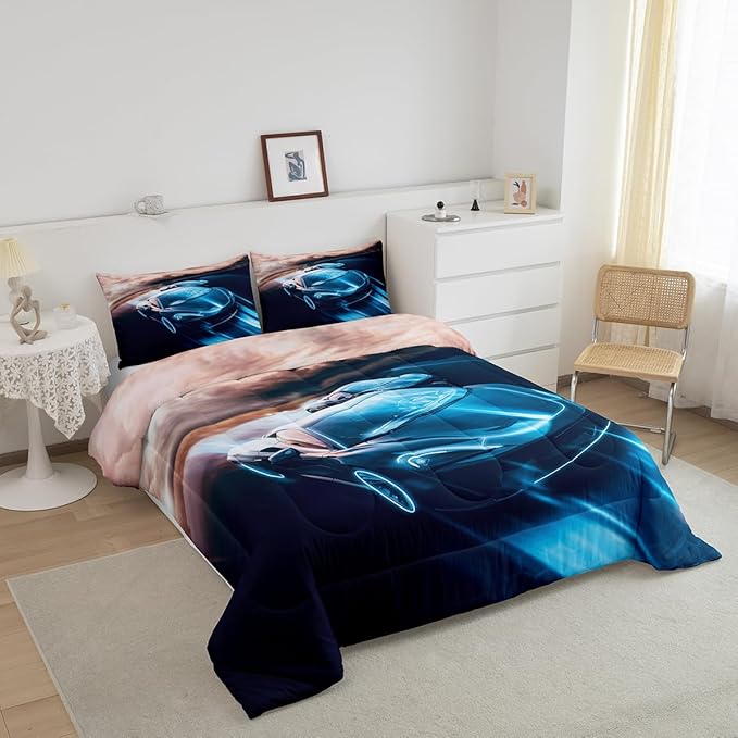 Erosebridal Sports Car Queen Comforter Set, Racing Car Cool Speed Bedding 3pcs for Kids Boys Teens Bedroom Decor, Race Car Blue and Black Print Bedding Comforters & Sets, 1 Comforter 2 Pillowcases