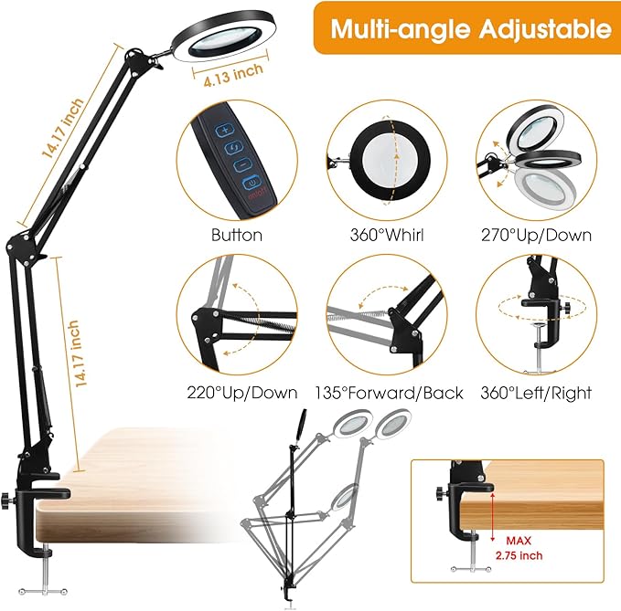 5X Magnifying Glass with Light and Stand, Real Glass Desk Lamp & Clamp, Craft Light Lamp with 3 Color Modes, LED Lighted Magnifier with Light for Hobby Reading Crafts Repair Close Works(Black)
