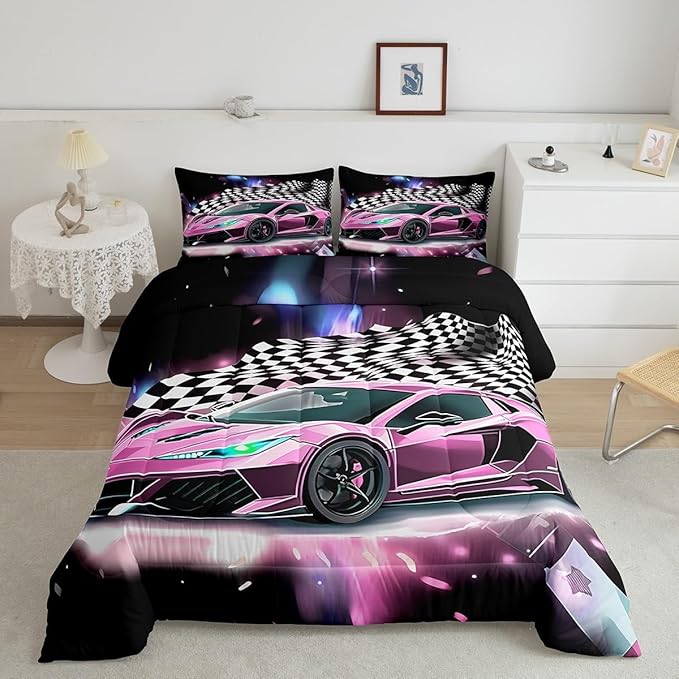 Pink Race Car Bedding Set Queen Size,Racing Flag Black White Lattice Duvet Cover with 2 Pillowcases,Extreme Sport Game Comforter Cover for Kids Youths Boys Girls Room Decor,Modern Quilt Cover