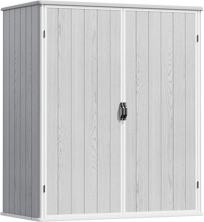 Devoko 5 x 3 Resin Outdoor Storage Shed with Floor - Waterproof Plastic Outdoor Tool Cabinet with Lockable Doors for Patio Furniture, Pool Accessories, Garden Tools (Light Gray)