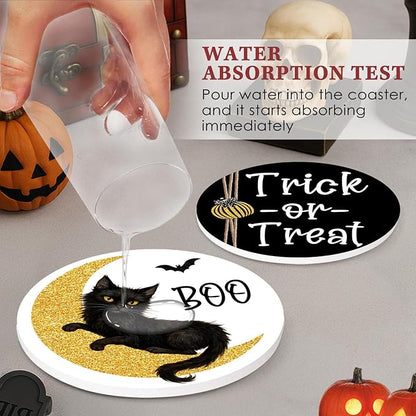 Coaster for Drinks Set of 6, Halloween Boo Black Cat Trick or Treat Spooky Pumpkin Bat Absorbent Round Ceramic Stone Mat, with Cork Base and Metal Holder, Gift for Housewarming Room Bar Decor