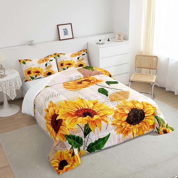 Girls Sunflowers Comforter Set Twin Size Retro Yellow Sunflower Bedding Set for Kids Teens Women Botanical Flowers Duvet Insert Vintage Floral Letters Down Comforter Kids Bedding Set, 2 Pieces